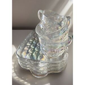 Vintage Federal Carnival Glass Snack Set‎ 4 Cups & 4 Trays Iridescent Color
